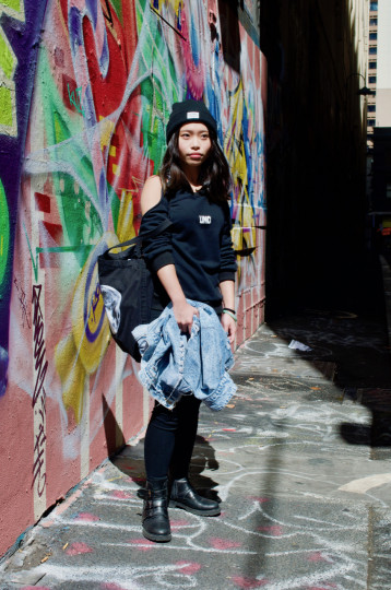 Melbourne: Elaine Wang, laneway off Bourke St Mall. "Anything I can pull from my wardrobe."