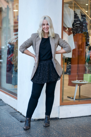 Adelaide: Mim Harvey, Designer, outside her store in Rundle St. "Stolen boyfriend look".