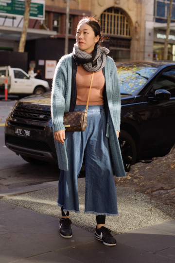 Vic: Minyeong, Flinder St Melbourne. "Trying to keep warm."