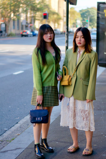 Sydney: (L) Asteria Qi, Economics Student, "Usually black and white." R: Dally Li, Commerce, "colourful", George St.