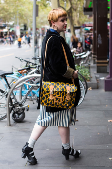 VIC: Sabina Myers, designer, Swanston St. “It’s nice to be tall for a change.” Photo: Zoe Kostopoulos