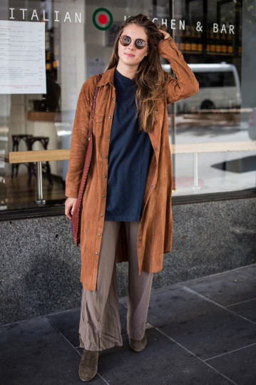 VIC: Lucie Timonier, student, Flinders Lane. “Menswear on women with a hippy touch.” Photo: Zoe Kostopoulos