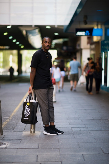 SA: Pierre Mukeba, Charles St, Adelaide. “I’ve been out shopping!” Photo: Eli Francis