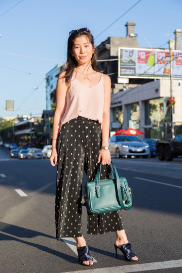 VIC: Joselle Singson, Toorak Rd. “My style is just whatever floats my boat that day! I'm into loose fitting, drape stye clothes at the moment; lots of polka dots and prints." Photo: Libby Matson