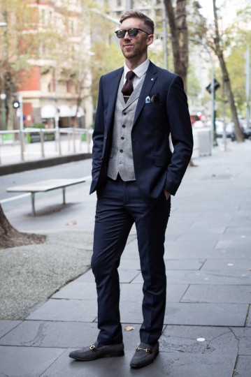 VIC: Steve Tilly, Collins St Melbourne. “My style is best described as modern with a splash of colour and texture experimentation. However, this look is more traditional." Photo: Zoe Kostopoulos