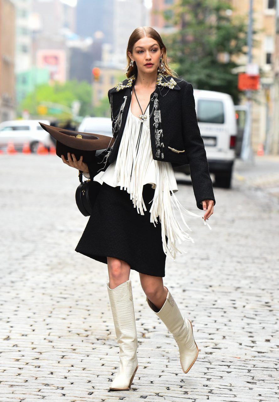 Gigi Hadid in white cowboy boots